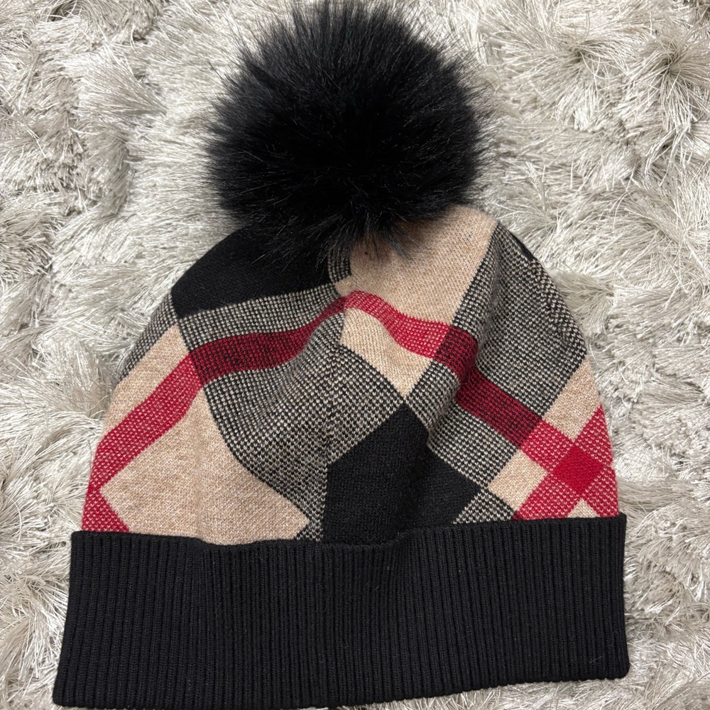 Rachel Zoe Plaid Beanie with Pom Pom - Black, Red, Tan